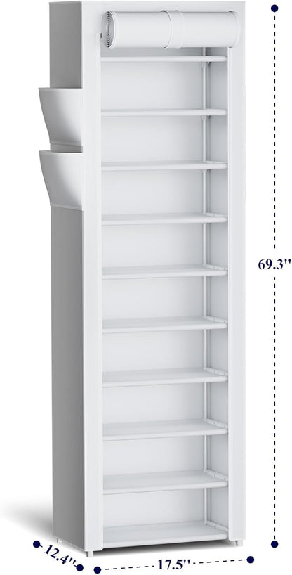 Kitsure Shoe Rack - 10-Tier Large Capacity Shoe Organizer Shelf with Dust Cover & Side Pockets, Rust-Proof Metal Shoe Rack for Closet, Entrance, Living Room, 17.5" x 12.4" x 69.3", Black