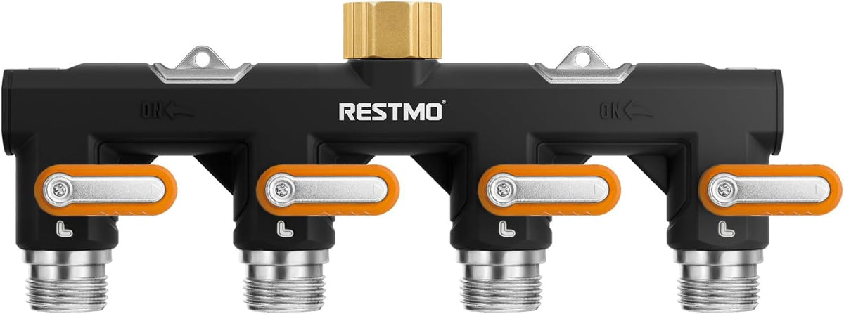 Restmo Garden Hose Splitter, 4 Way Heavy Duty Full Metal Water Spigot Splitter with Shutoff Valve, Outdoor Faucet Spigot Adapter with Extended Levers, 3/4" GHT Thread - Green