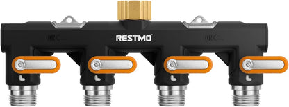 Restmo Garden Hose Splitter, 4 Way Heavy Duty Full Metal Water Spigot Splitter with Shutoff Valve, Outdoor Faucet Spigot Adapter with Extended Levers, 3/4" GHT Thread - Green
