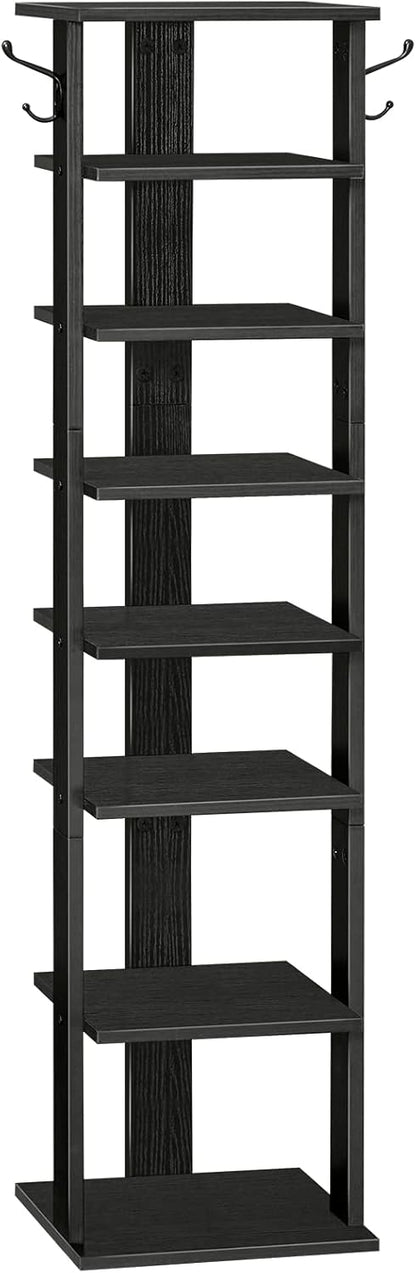 HOOBRO 8 Tiers Vertical Shoe Rack, Wooden Shoe Storage Organizer with Hooks, Narrow Shoe Tower for 8 Pairs, Space Saving, for Entryway, Living Room, Bedroom, Rustic Brown BF07XJ01G1