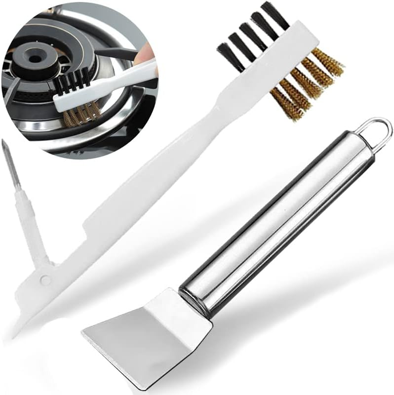 Kitchen Cleaning Scrub Brush - Deep Gas Stove Brass Wire Brushes with Stiff Bristles & Cooktop Scraper, Scrubber for Range Hood Grease Grime, Rust Cleaner for Pot Pan, Household Cleaning Tools
