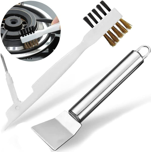 Kitchen Cleaning Scrub Brush - Deep Gas Stove Brass Wire Brushes with Stiff Bristles & Cooktop Scraper, Scrubber for Range Hood Grease Grime, Rust Cleaner for Pot Pan, Household Cleaning Tools