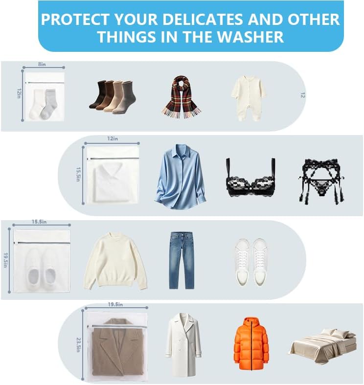 4 Pack Mesh Laundry Bags for Delicates, Medium (12"x16") Wash Bags for Laundry, Durable Honeycomb Mesh Laundry Wash Bag with Auto-Lock Zipper for Lingerie, Blouses, Hosiery, and Daily Clothes