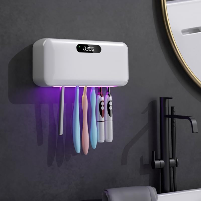 UV-C Toothbrush Sanitizer Case, Dual Light Cleaner Cover with Clear Window, USB-C Rechargeable Travel Holder for Electric and Manual Brushes, White