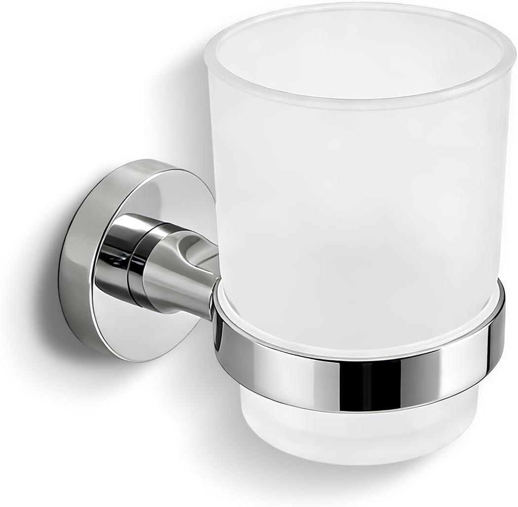 Toothbrush Holder, Wall Mounted Mouthwash Tumbler Holder with Frosted Glass Tumbler for Bathroom&Kitchen,Silver