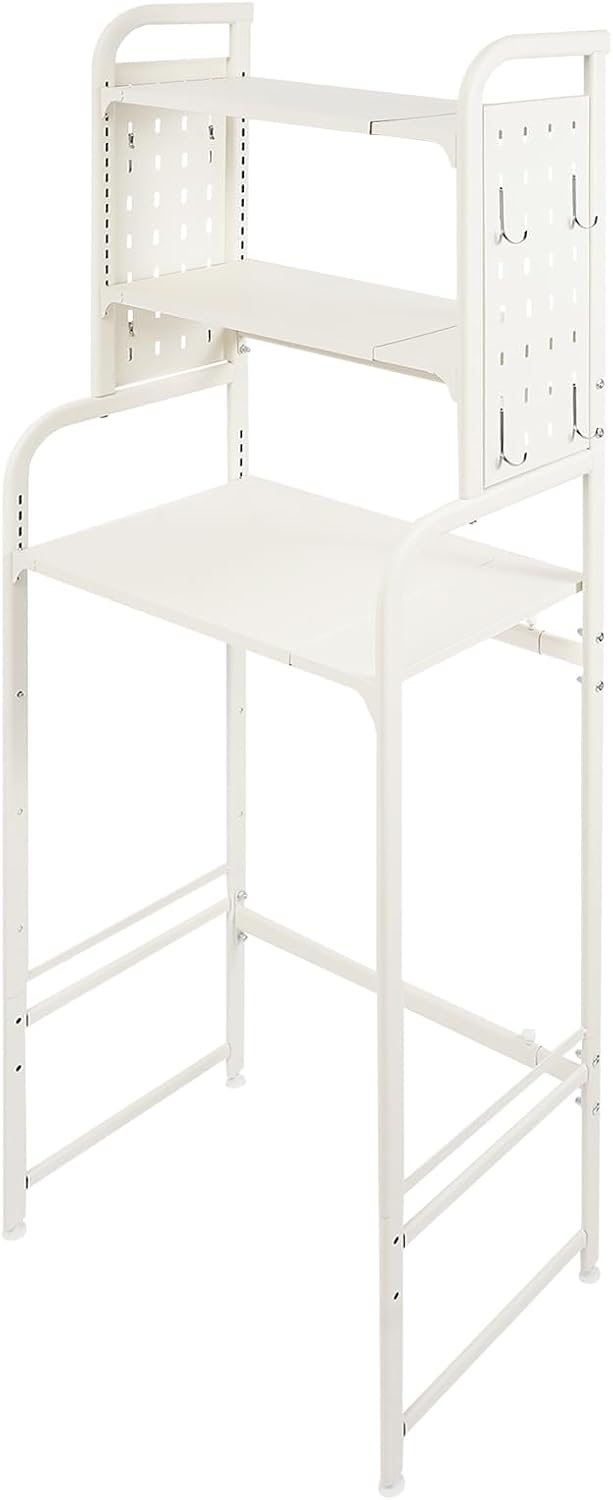 Over The Washer and Dryer Storage Shelf with Adjustable Shelf, 3 Tiers Expandable Over Toilet Storage Rack with Hooks Laundry Organizer Standing Shelf Gray for Laundry Room Bathroom