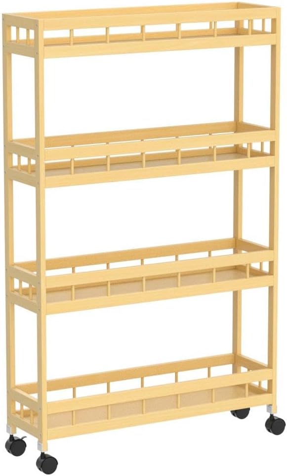 4-Tier Bamboo Kitchen Rolling Cart Removable Wood Trolley Island Cart, Utility Cart Multi-Layer Storage Shelf Rack on Wheels (19.7" L X 7.1" W X37.8 H)
