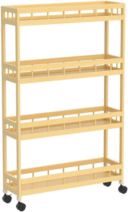 4-Tier Bamboo Kitchen Rolling Cart Removable Wood Trolley Island Cart, Utility Cart Multi-Layer Storage Shelf Rack on Wheels (19.7" L X 7.1" W X37.8 H)