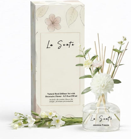 Reed Diffuser Set 8.5 fl oz / 250 ml Glass Bottle with Decorative Flower & Natural Reeds Flameless Home Fragrance for Bathroom Bedroom Office Honeydew Scent
