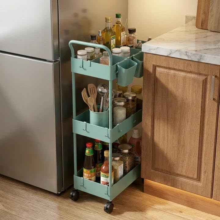 danpinera Storage Cart on Wheels, 3 Tier Slim Laundry with Wheels Bathroom Organizer with Hanging Cups Hooks Dividers Handle Mobile Rolling Art Cart for Bathroom Kitchen Narrow Places, White