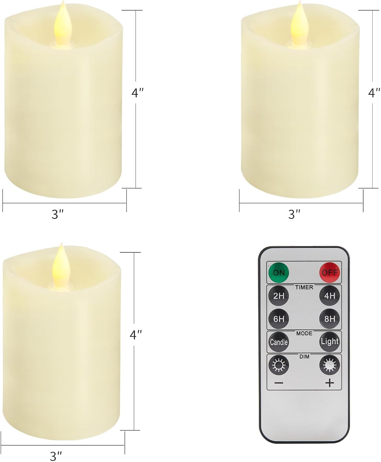 3x3 Flameless Candles with Remote Set of 2, 3 inch Battery Candles Flickering with Timer, LED Pillar Candle for Indoor/Outdoor, White