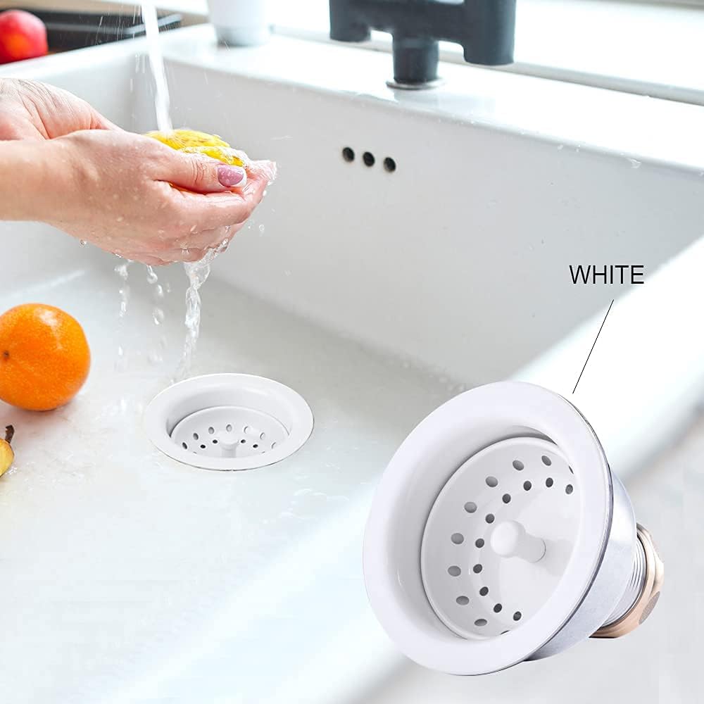 3-1/2 Deep Cup Kitchen Sink Drain Assembly, 304 Stainless Steel Construction With Fixed Post Basket and Long Extended Shank/CAS Approved and White Finish