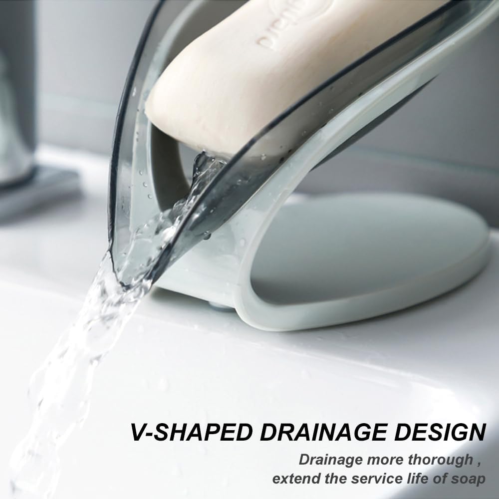 H&W 2Pcs Self Draining Soap Holder,Suction Cup Soap Dish,Shower Soap Bar Holder,Leaf Shape Soap Holder,Soap Dish Dispenser for Shower, Bathroom, Kitchen Sink (Grey + Blue)