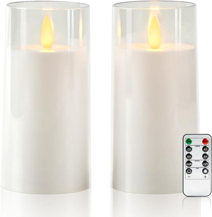 Raycare Flameless Electronic Pillar Candles with Remote Control and Timer- Battery Operated Realistic Flickering LED Fake Candle for Home, Wedding, Valentine's Day, Decor,White,Set of 2(3"x6"6")