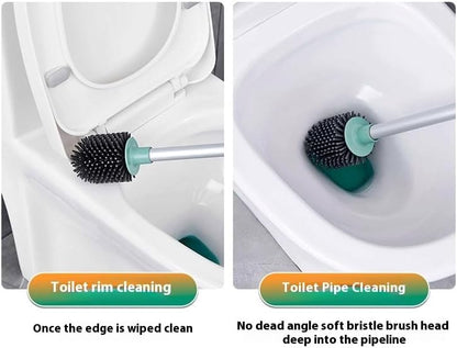 Toilet Brush, Silicone Toilet Bowl Brushes and Holder for Bathroom, Compact Flexible Toilet Cleaner Brush with Ventilated Drying Holder, Wall Mounted/Floor Standing Gray/Green–Long Non-Slip Handle