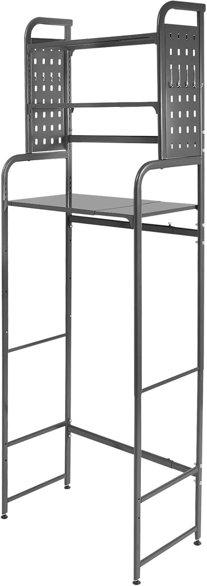 Over Washer and Dryer Shelves,3 Tiers Laundry Room Storage Organization Clothes Drying Rack,Adjustable Height Laundry Room Standing Shelf with Hanger Guard Rail&Hook,Space Saving Shelf (Gray)