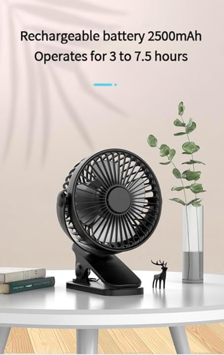 Compact USB Rechargeable Clip on Fan, 6 Inches Portable Personal Fan for Outdoors, Car Seat, Gym - Black