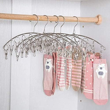 Stainless Steel Laundry Drying Rack Clothes Hanger with Windproof Hook,Underwear Hanger,Clothes Hangers with 8 Clips for Drying Socks,Diapers,Baby Clothes(2 Pack)