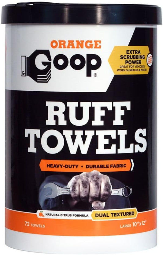 GOOP Orange Heavy Duty Ruff Towels with Scrubbing Power, 10” x 12” Dual Textured Multi-Purpose Cleaning Wipes, Removes Dirt, Grease, Oil, 72 Count