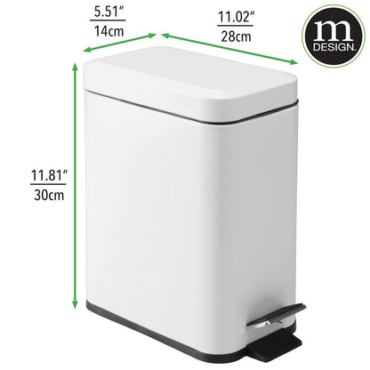 mDesign Metal Freestanding Slim Toilet Bowl Brush and Holder + Rectangle Narrow 5 Liter / 1.3 Gallon Step Pedal Trash Can Wastebasket for Bathroom - Small, Compact Design - Set of 2 - Brushed/Chrome