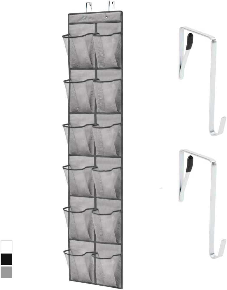 GORILLA GRIP Over the Door Shoe Organizer, 24 Large Breathable Mesh Pockets, Space Saving Hanging Storage Holder, Closet Rack Hanger Holds Up to 40 lbs, Hangs on Closets for Shoes, Accessories, Grey