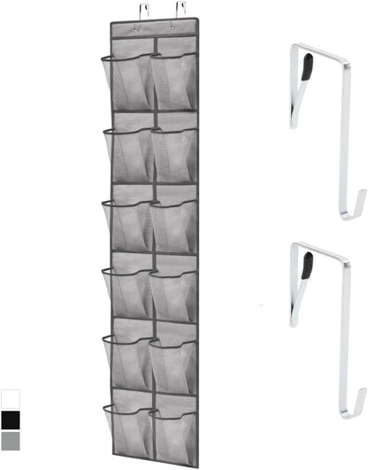 GORILLA GRIP Over the Door Shoe Organizer, 24 Large Breathable Mesh Pockets, Space Saving Hanging Storage Holder, Closet Rack Hanger Holds Up to 40 lbs, Hangs on Closets for Shoes, Accessories, Grey