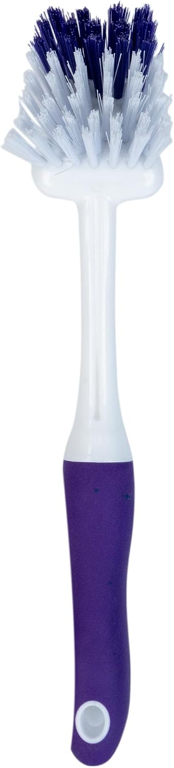 Fabuloso Cleaning Brush, Compact Hand Scrub Brush with Easy Grip Rubber Texture for Kitchen, Bathroom, Tile, Baseboards and Floors, Firm Bristles for Indoor Surface Cleaning, White & Purple, 6 Inch