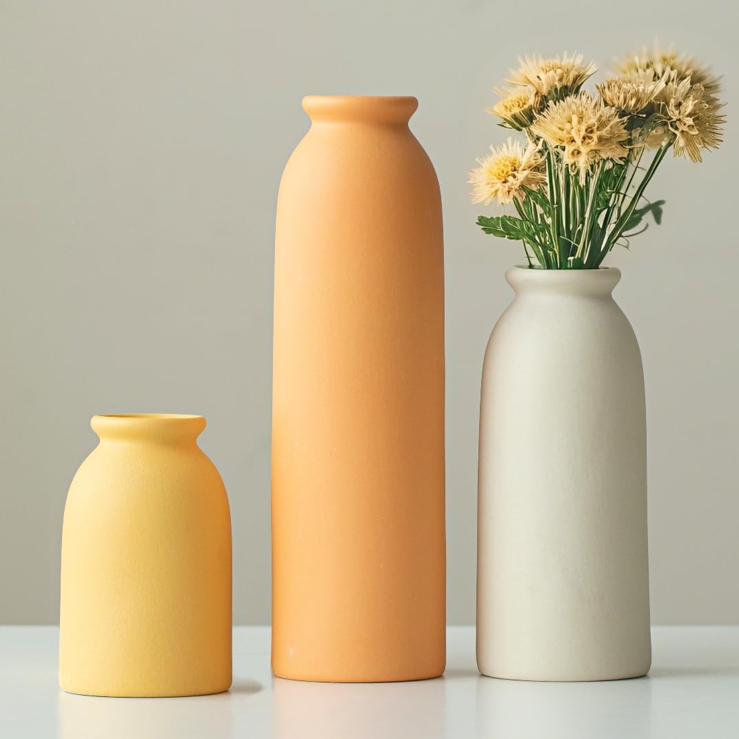 Ceramic Vase Set-3, Small Flower Vases for Decor, Modern Boho Farmhouse Style, Decorative Vases for Pampas Grass & Dried Flowers, Distressed Finish (Beige)