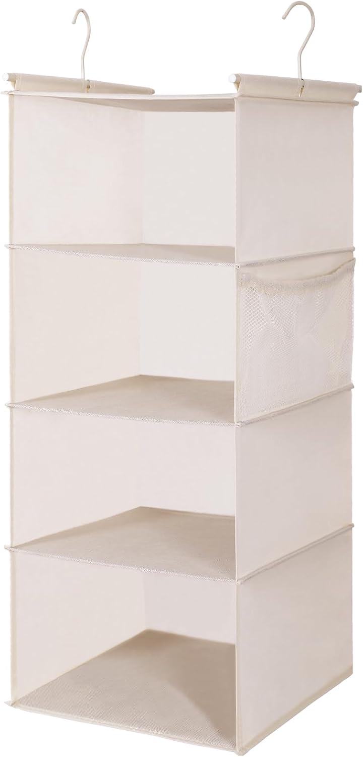 MAX Houser 4-Shelf Hanging Closet Organizer, Space Saver, Cloth Hanging Shelves with 2 Side Pockets, Foldable (Beige)