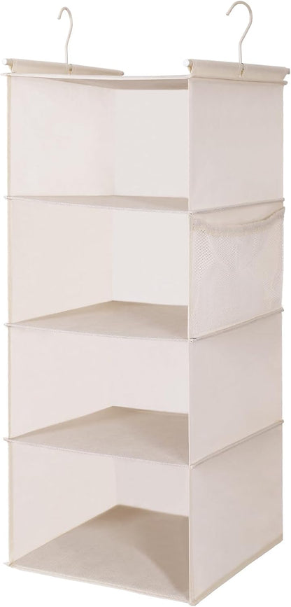 MAX Houser 4-Shelf Hanging Closet Organizer, Space Saver, Cloth Hanging Shelves with 2 Side Pockets, Foldable (Beige)