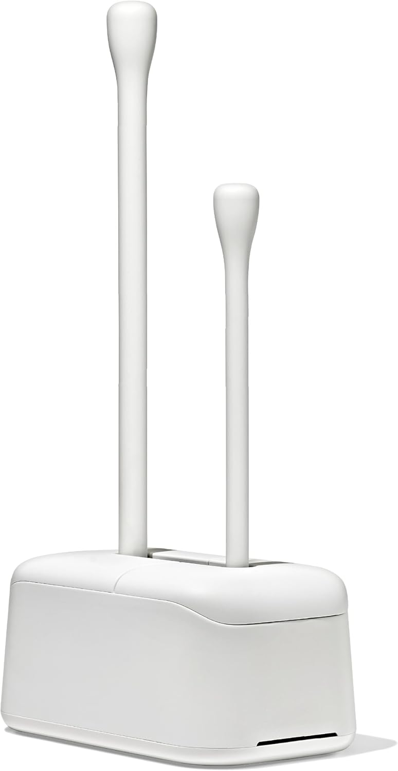 OXO Good Grips Toilet Brush & Plunger Set | Two Bathroom Essentials in one Space-Saving Canister | Toilet Bowl Cleaner and Plunger with Holder, Perfect for Small bathrooms