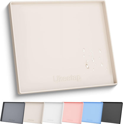 ukeetap Extra Thick Silicone Mat Waterproof with Raised Edge 19” x 12”, BPA Free Non-Slip Dog & Cat Food Mat, Feeding Mat for Food and Water Bowls, Spill Proof Mat to Protect Floors, Black