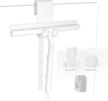 Squeegee for Shower Glass Doors, Resilient Loop - No-Drill & Adhesive Hook, Silicone Shower Squeegee with Stainless Steel Core, Cleaning Tool for Home, Kitchen, Bathroom & Car - Black