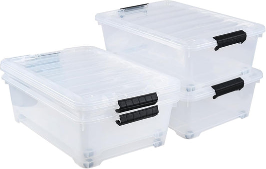 4-Pack 20 Quart Clear Under Bed Plastic Storage Bins with Wheels | Under Bed Storage Box, Locking Latch Lid, Easy-Glide Wheels, for Bedroom, Bathroom, Garage, and Office Organization