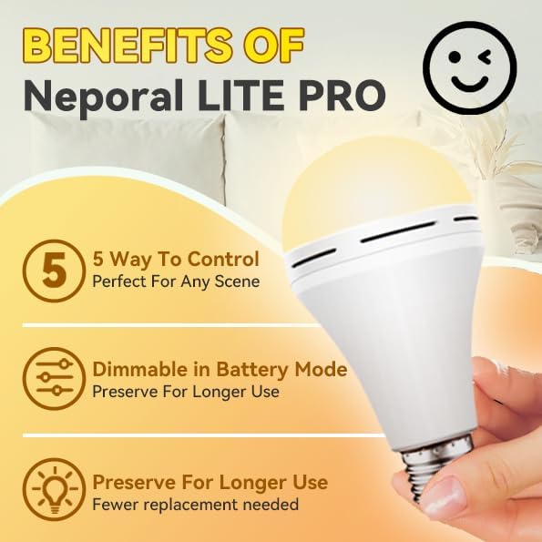 Neporal 4 Pack Emergency-Rechargeable-Light-Bulb, Stay Lights Up When Power Failure, 1500mAh 15W 80W Equivalent LED Light Bulbs for Home, Camping, Tent (E27, with Hook) (Daylight)