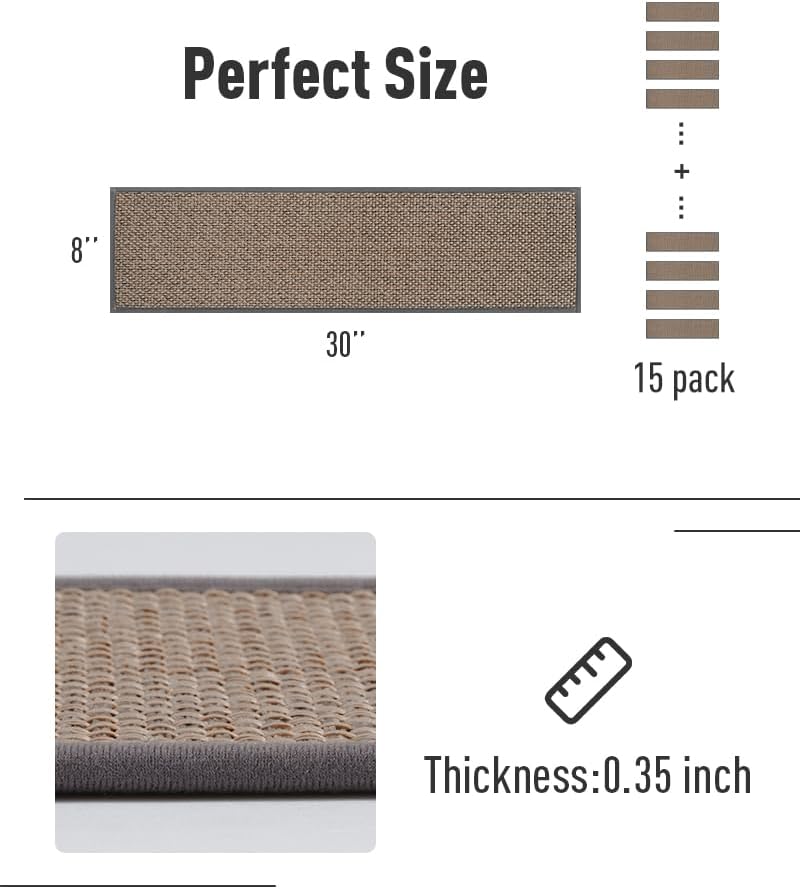 PADOOR Non Slip Stair-Treads,Rubber Backing Stair-Runners for Wooden Steps,15PCS Residue Free Carpet Stair Treads for Kids and Dogs 8"x30" Beige
