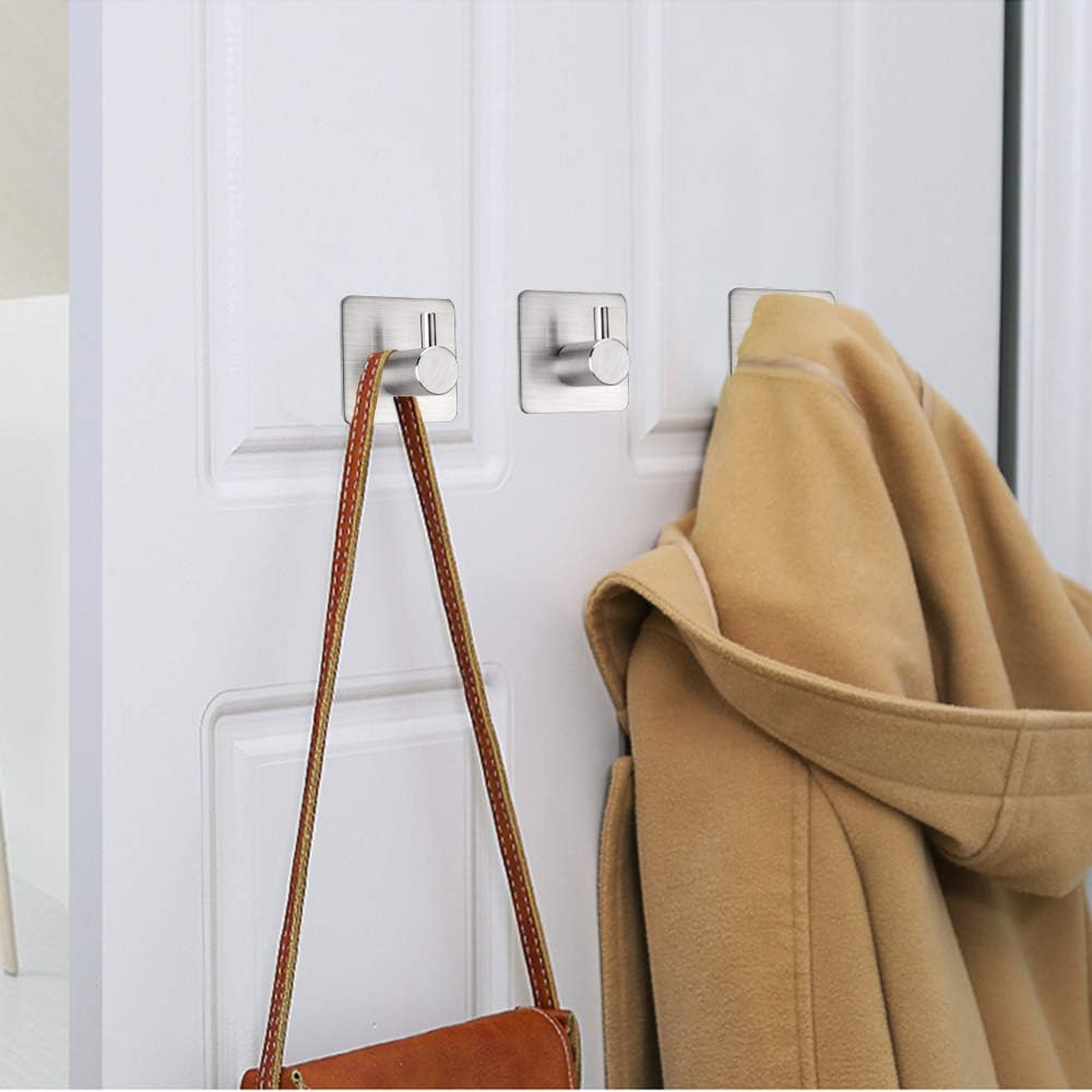 Fotosnow Adhesive Towel Hooks 15lbs Heavy Duty Wall Hooks Waterproof Stainless Steel Hanger for Hanging Coat, Hat, Towel Robe Hook Rack Wall Mount- Bathroom and Bedroom 4-Packs