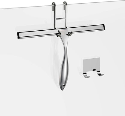 Shower Squeegee and Window Squeegee, Stainless Steel, 100% Streak-Free, Cleaner for Bathroom Showers Glass Doors, Home Mirrors, Car Windows Wiper, Adhesive Holder, Shower Door Hook, 10 Inch, Silver
