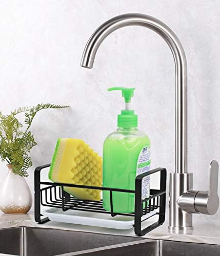 Kitchen Sponge Holder for Sink, Kitchen Sink Caddy Organizer, Sink Tray Drainer Rack, Dish Rags Brush Soap Storage Countertop with Removable Front Drain Pan - Black