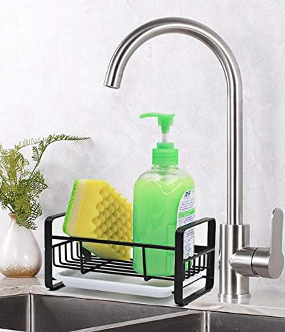 Kitchen Sponge Holder for Sink, Kitchen Sink Caddy Organizer, Sink Tray Drainer Rack, Dish Rags Brush Soap Storage Countertop with Removable Front Drain Pan - Black