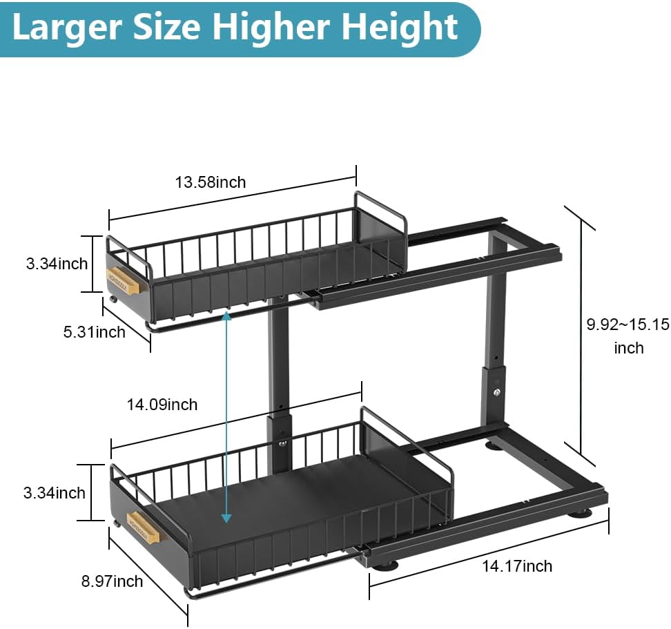 Under Sink Organizer Kitchen - Upgraded Professional Rails, 2 Tier Dual Pull Out Cabinet Storage, Height Adjustable Under Sink Storage, Metal Sliding Drawer for Kitchen & Bathroom, White, 2 Pack