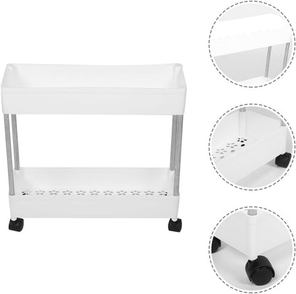Housoutil Slim Rolling Storage Cart, 2-Tier Mobile Shelving Unit, White Plastic and Iron Trolley Rack for Kitchen, Bathroom, Office, Laundry Room, 15.74 X 15.74 X 5.11 Inches