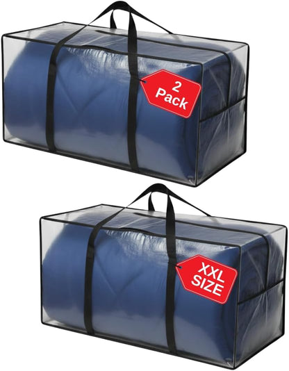 68.5 GAL 2 Pack XXL Jumbo Extra Large Heavy Duty Stronger Handles Storage Bags Moving Totes Zippered Reusable Wrap Around Handle Storage Totes (Translucent/Semi-Transparent)