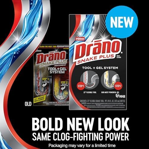 Drano Snake Plus Tool and Gel System, Drain Snake with Drain Clog Remover Gel, Unclogs and Removes Hair and Blockages, Commercial Line 16 Fl oz and 23 Inch Tool