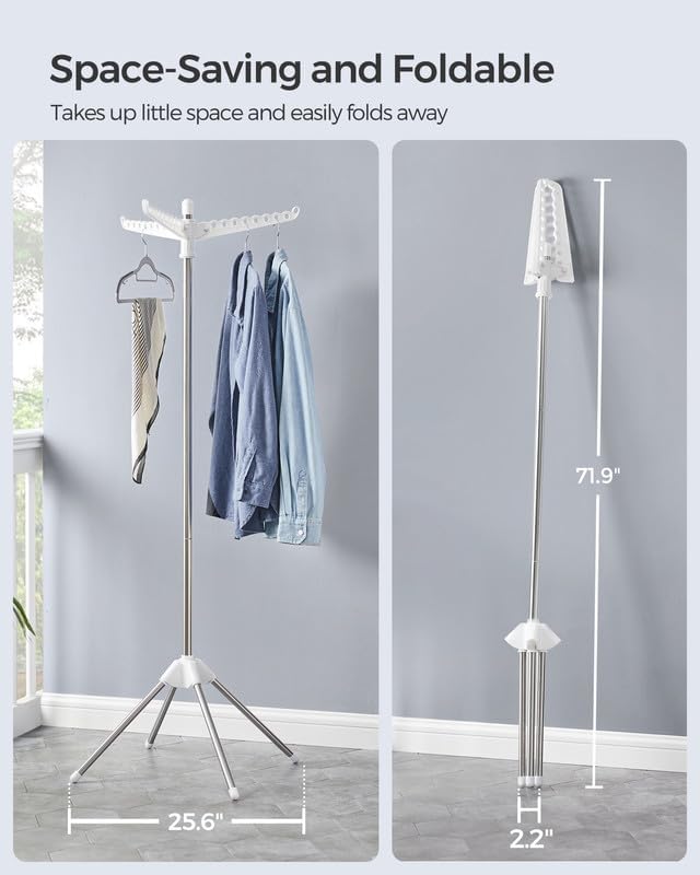 SONGMICS 2-Tier Clothes Drying Rack, 72-Inch Folding Laundry Drying Rack with 3 Rotatable Arms for Hangers, 24 Clips, Stainless Steel, for 27 Pieces of Clothes, Blue and Silver ULLR512Q01