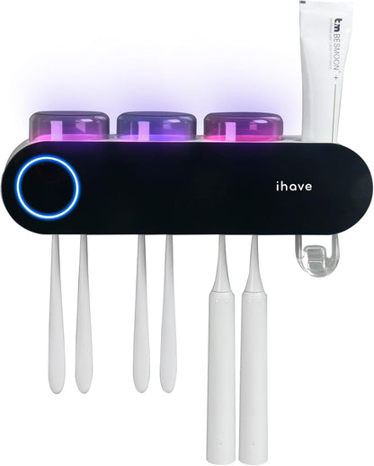 iHave Toothbrush Holders for Bathrooms, UV Toothbrush Sanitizer and Holder Smart Home Bathroom Accessories, 2 Cups Electric Toothbrush Holder Wall Mounted with Toothpaste Dispenser Bathroom Decor