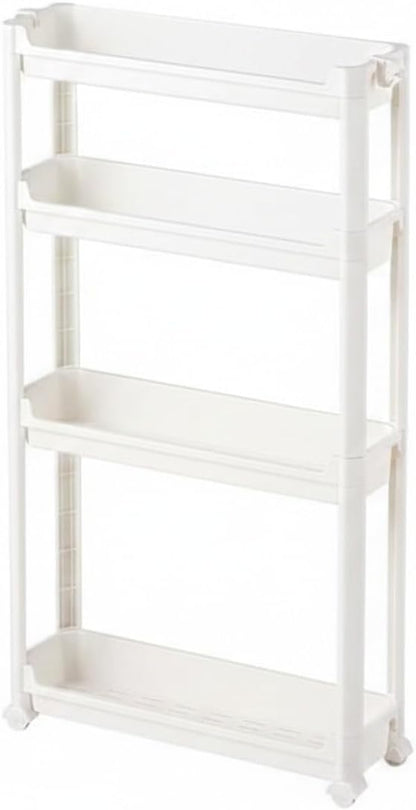 Slim Rolling Storage Cart, White | Plastic Utility Organizer, With Wheels, For Narrow Gaps, Kitchen and Bathroom