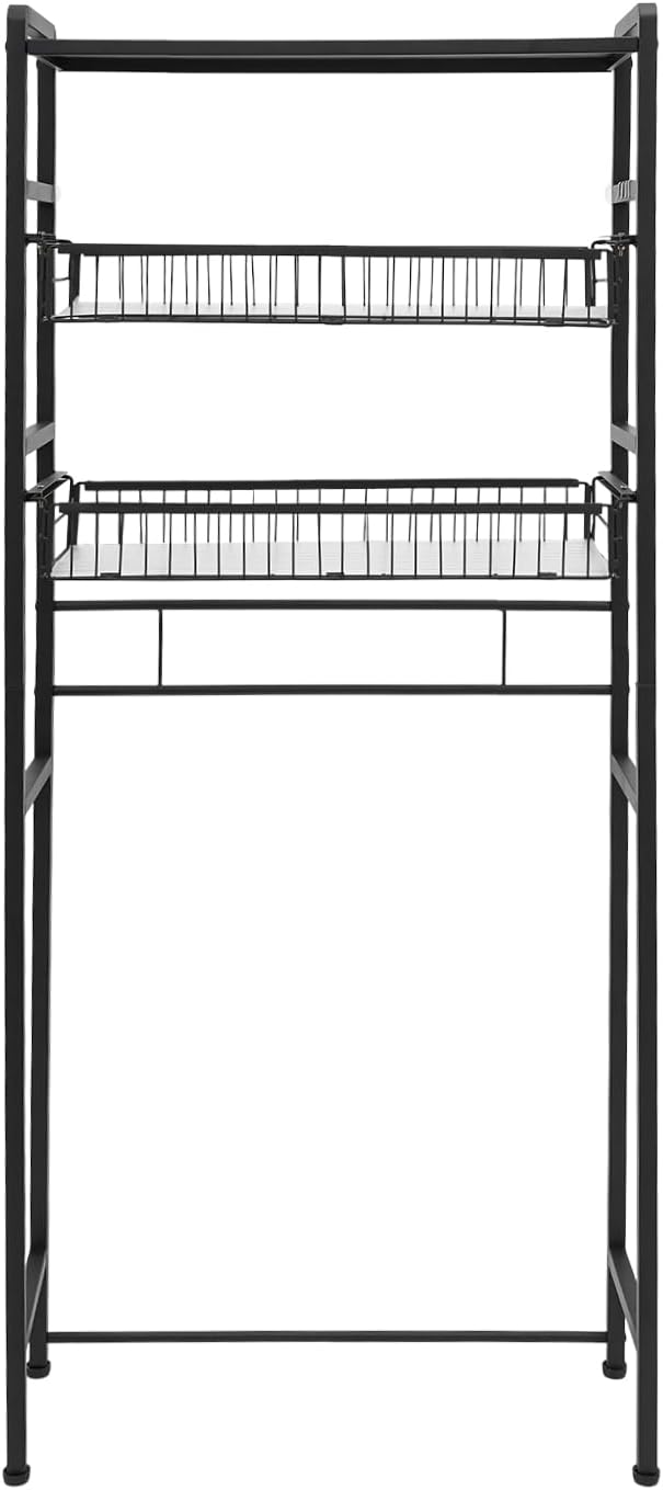 Laundry Room Over Washer Shelf, Carbon Steel, 3 Tiers, Black | Open Design Laundry Room Storage and Organizer Standing Shelf for Drum Washing Machines
