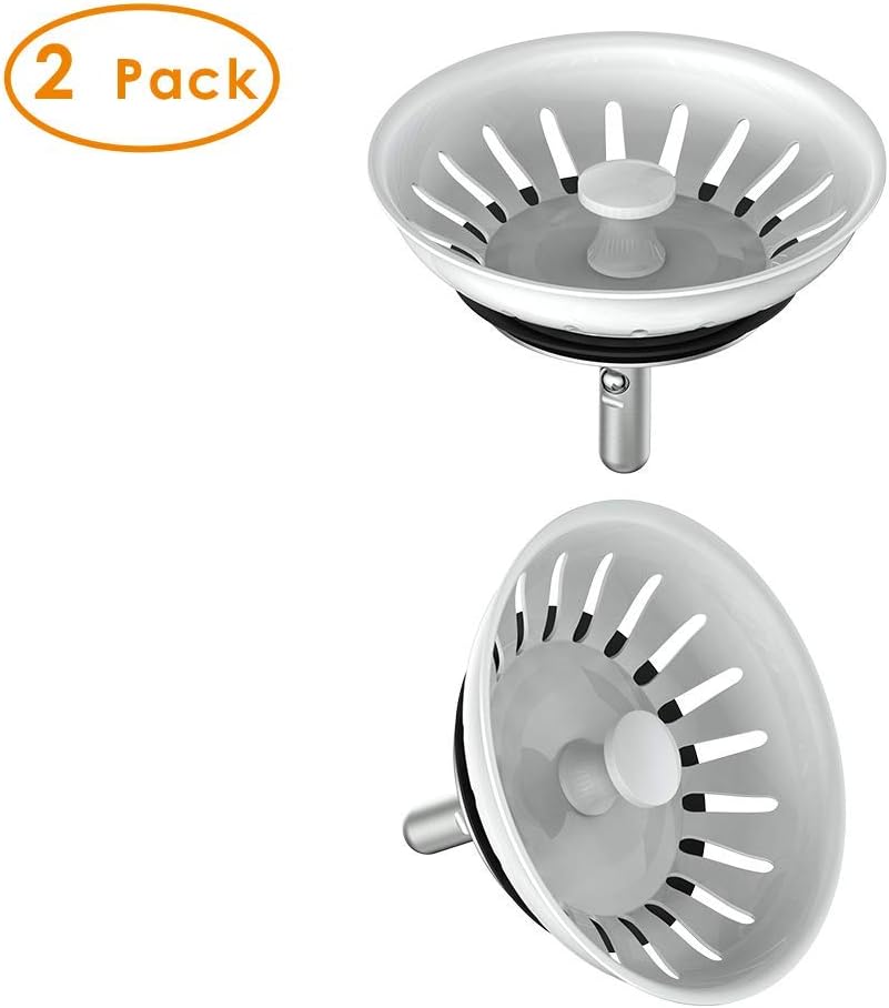 KANARY Kitchen Sink Basket Strainer Replacement for Standard Drains (3-1/2 Inch) Stainless Steel Body with Rubber Stopper (Pack of 2, Stianless Steel)