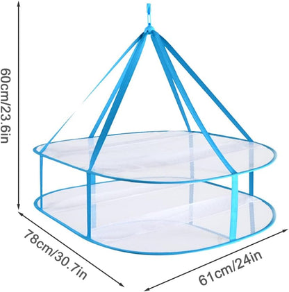 2 Tier Folding Drying Rack, Folding Mesh Clothes Hanging Dryer, Portable Windproof Hanging Laundry Racks with Fixing Band for T-Shirt, Swimsuit, Underwear Outdoor Indoor